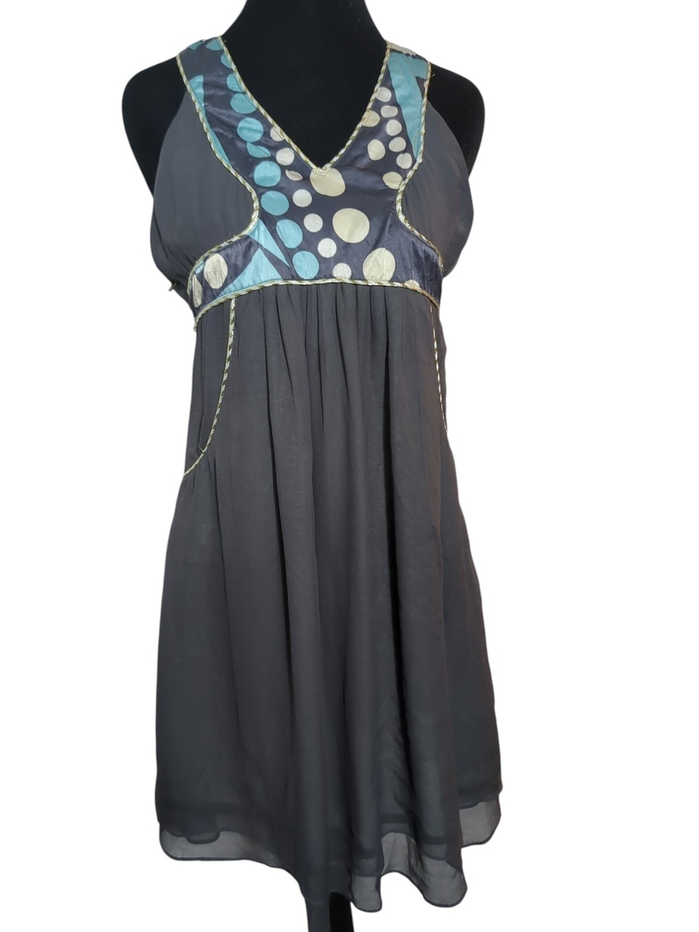 Pure Sugar Silk Dress Small Gray Polka Dot Empire Waist Pocket Halter Y2K Indie